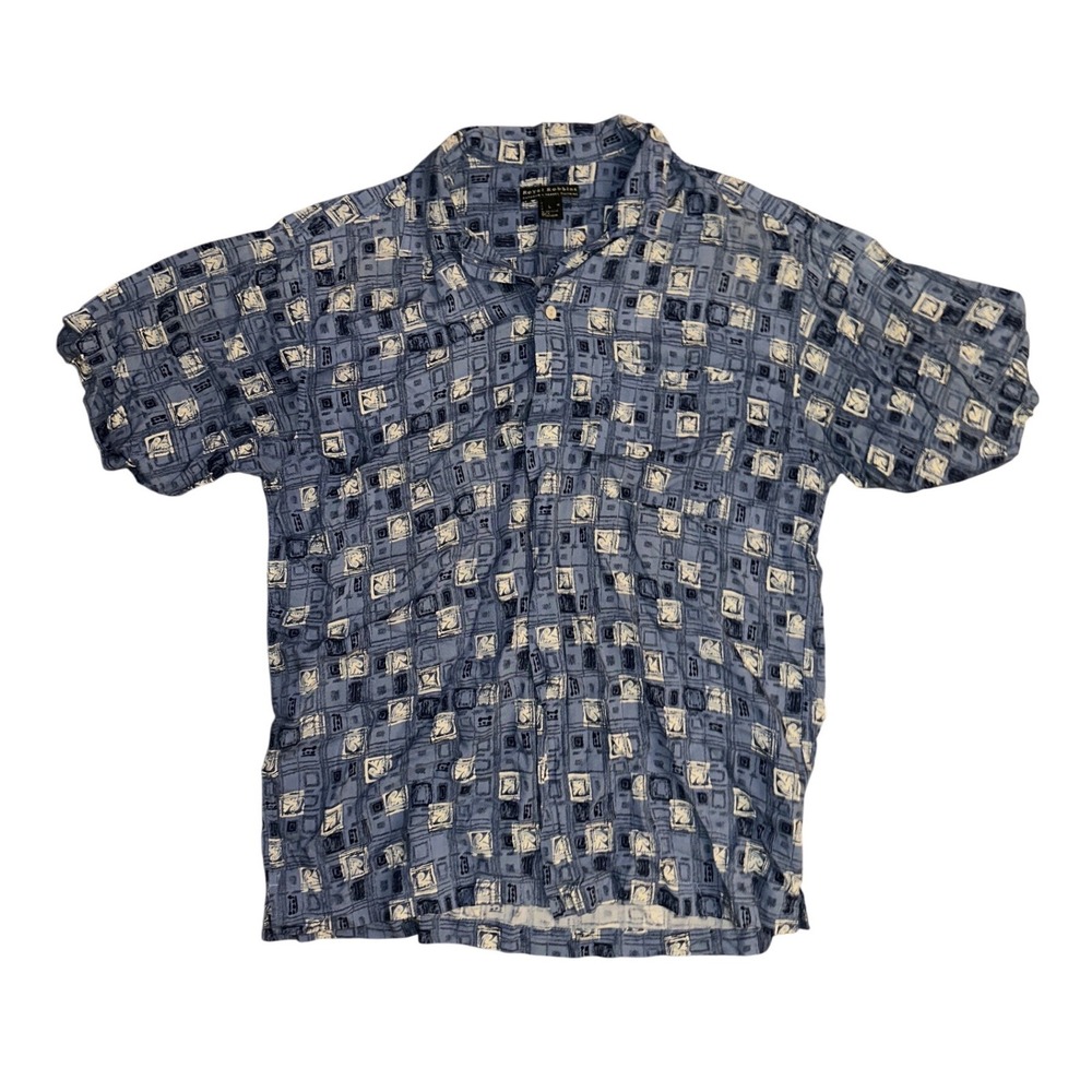 Royal‎ Robbins Mens Large Blue Geometric Square Print Rayon Short Sleeve Shirt